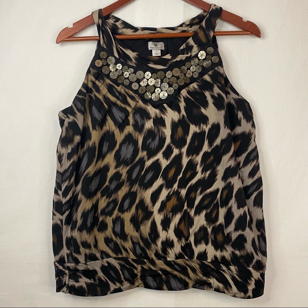WORTHINGTON Women’s Tank Top Work Career Cheetah Leopard Print Beaded Size L